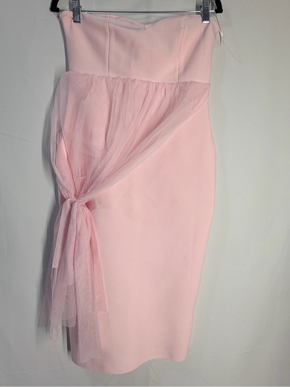 Strapless Blush Pink Midi Dress with Tulle Knot
